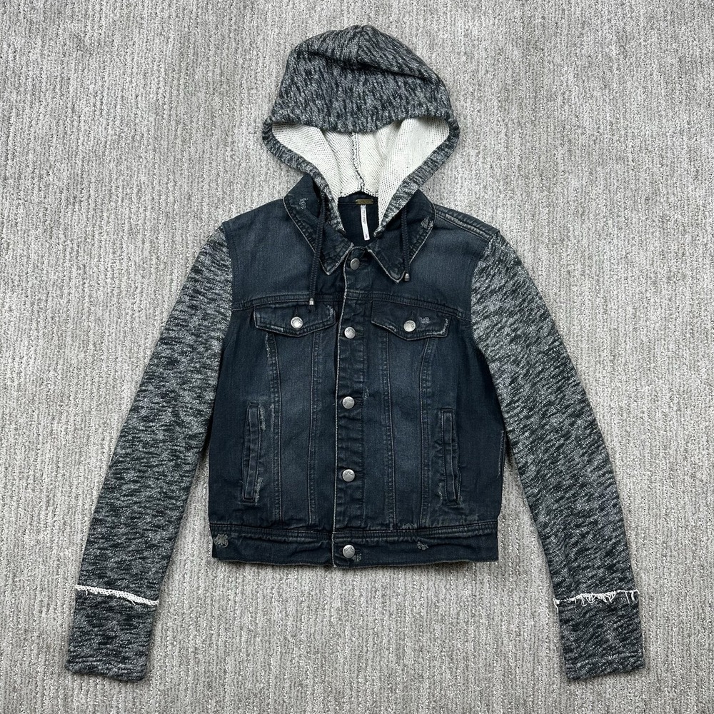 Free People Denim Knit Sweater Jacket With Removable Hoodie Women's Size Small - Picture 1 of 10